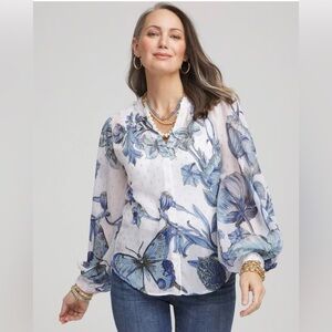 NWT Chico’s Butterfly Chiffon Split Neck Blouse Size 1 US 8